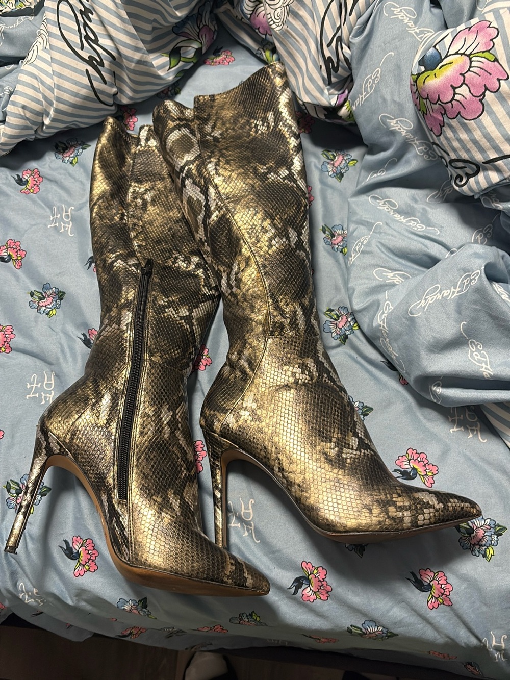 Aldo Metallic Snake-Print Pointed Stiletto Boots - Gold/Brown